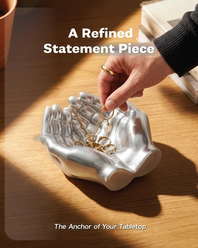 Alt view image 2 of 7 - Hand Shaped Succulent Planter Pot - Crystal Holder Display - Air Plant Holder Hand Planter - Giving Hands Sculpture Decor - Key Bowl Ring Dish Trinket Dish Candy Dish - Candle Holder (Silver)
