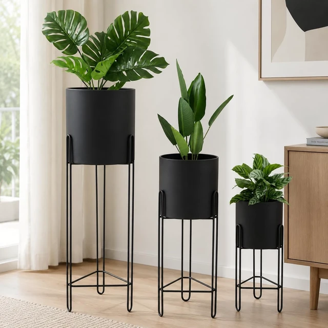 Alt view image 3 of 7 - TRIROCKS Set of 3 Planters with Stand Indoor Otdoor Tall Planters for Indoor Plants 29 &18 &12" Morden Planters Flower Pots for Living Room Corner Kitchen Office Garden Balcony Patio Decor(Black)