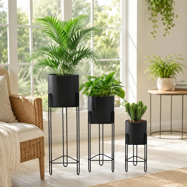 Alt view image 4 of 7 - TRIROCKS Set of 3 Planters with Stand Indoor Otdoor Tall Planters for Indoor Plants 29 &18 &12" Morden Planters Flower Pots for Living Room Corner Kitchen Office Garden Balcony Patio Decor(Black)