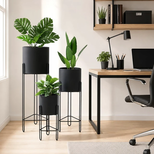 Alt view image 7 of 7 - TRIROCKS Set of 3 Planters with Stand Indoor Otdoor Tall Planters for Indoor Plants 29 &18 &12" Morden Planters Flower Pots for Living Room Corner Kitchen Office Garden Balcony Patio Decor(Black)