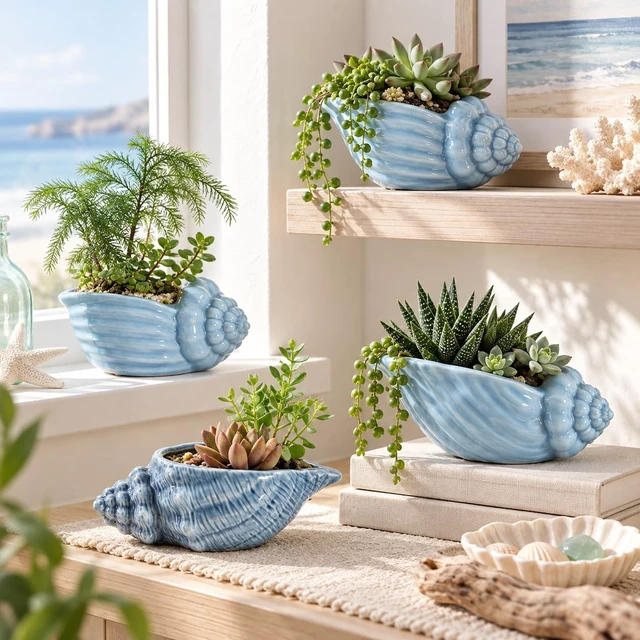 Alt view image 4 of 7 - 5.5" Conch Shell Succulent Pots, Ceramic Ocean Planters with Hole, 4 Pack