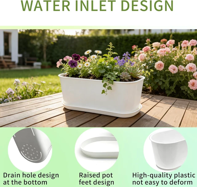 Alt view image 3 of 7 - 5-Pack White Herb Planter Box with Drip Trays, 8.5 Inch Small Oval Window Planters for Kitchen Sill, Indoor Outdoor, Perfect for Basil, Mint, Succulents, Flowers