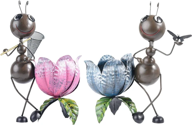 Alt view image 3 of 7 - Sungmor 15 Inches Tall Metal Ants Planter, 2PC Pink & Blue Pack