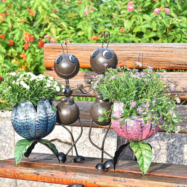 Alt view image 2 of 7 - Sungmor 15 Inches Tall Metal Ants Planter, 2PC Pink & Blue Pack