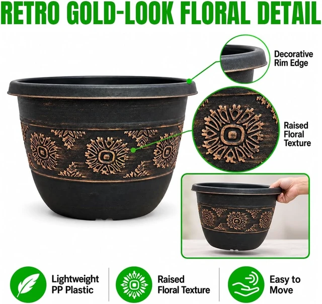 Alt view image 4 of 7 - 10 Inch Plant Pots, 4 Pack, Copper Retro Floral