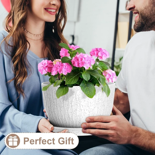 Alt view image 5 of 6 - WSMKSZ 12 Inch Wide Water Ripples Flower Pots for Indoor or Outdoor Plants, Large Plant Pots with Drainage Holes & Saucer, Plastic Planters Set for Garden & Home Decor (White with Black Speckles)