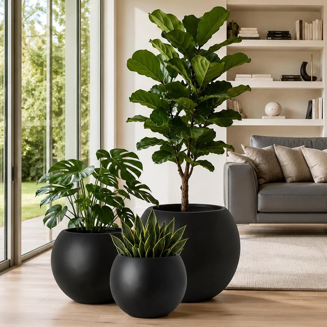 Alt view image 2 of 7 - 10" H x 14" Dia Black Fiberstone Planter Pot with Drainage Hole, Large Round Indoor Outdoor Flower Pot for Plants, Trees & Shrubs, Decorative Planter for Patio, Porch, Garden & Home Décor