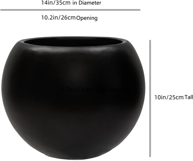 Alt view image 3 of 7 - 10" H x 14" Dia Black Fiberstone Planter Pot with Drainage Hole, Large Round Indoor Outdoor Flower Pot for Plants, Trees & Shrubs, Decorative Planter for Patio, Porch, Garden & Home Décor