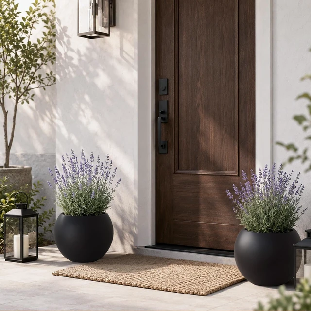 Alt view image 4 of 7 - 10" H x 14" Dia Black Fiberstone Planter Pot with Drainage Hole, Large Round Indoor Outdoor Flower Pot for Plants, Trees & Shrubs, Decorative Planter for Patio, Porch, Garden & Home Décor
