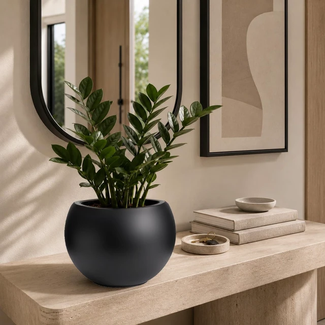 Alt view image 6 of 7 - 10" H x 14" Dia Black Fiberstone Planter Pot with Drainage Hole, Large Round Indoor Outdoor Flower Pot for Plants, Trees & Shrubs, Decorative Planter for Patio, Porch, Garden & Home Décor