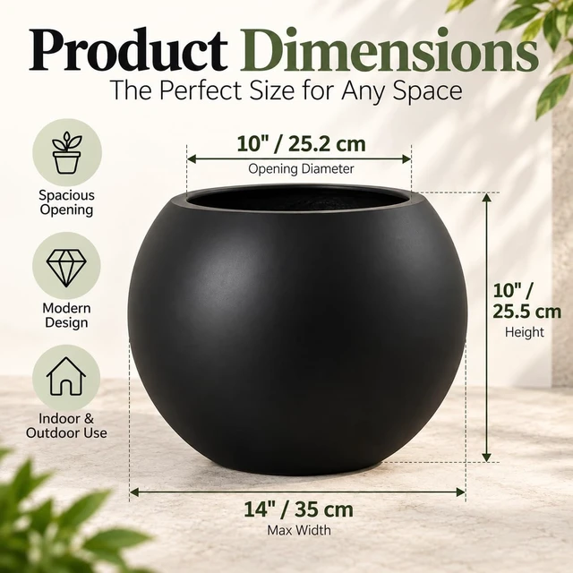 Alt view image 7 of 7 - 10" H x 14" Dia Black Fiberstone Planter Pot with Drainage Hole, Large Round Indoor Outdoor Flower Pot for Plants, Trees & Shrubs, Decorative Planter for Patio, Porch, Garden & Home Décor