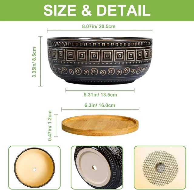 Alt view image 3 of 7 - G EPGardening 8 Inch Ceramic Succulent Planter Pots for Indoor Plants Round Shallow Bonsai Planter Pot with Drainage and Bamboo Saucer, Black