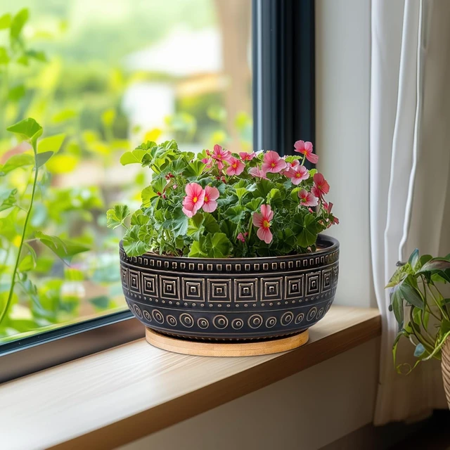 Alt view image 5 of 7 - G EPGardening 8 Inch Ceramic Succulent Planter Pots for Indoor Plants Round Shallow Bonsai Planter Pot with Drainage and Bamboo Saucer, Black