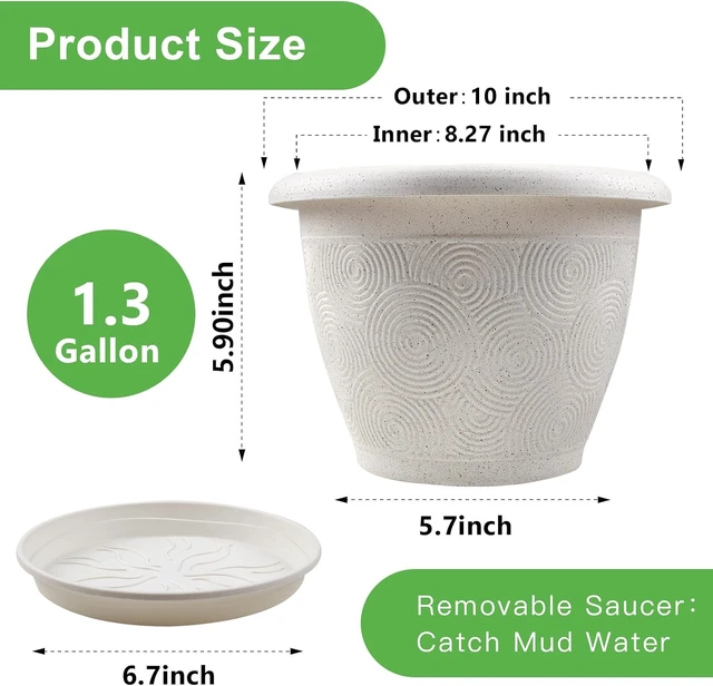 Alt view image 3 of 7 - Plastic Flower Pots Planters For Indoor Plants, 4 Pack 10 Inch White Plant Pots With Drainage Hole & Tray, Modern Decorative Large Plant Pot With Saucer For Indoor Outdoor Plants Garden House Planter