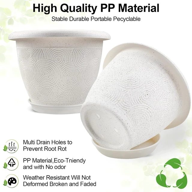 Alt view image 4 of 7 - Plastic Flower Pots Planters For Indoor Plants, 4 Pack 10 Inch White Plant Pots With Drainage Hole & Tray, Modern Decorative Large Plant Pot With Saucer For Indoor Outdoor Plants Garden House Planter