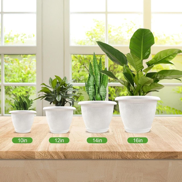 Alt view image 5 of 7 - Plastic Flower Pots Planters For Indoor Plants, 4 Pack 10 Inch White Plant Pots With Drainage Hole & Tray, Modern Decorative Large Plant Pot With Saucer For Indoor Outdoor Plants Garden House Planter