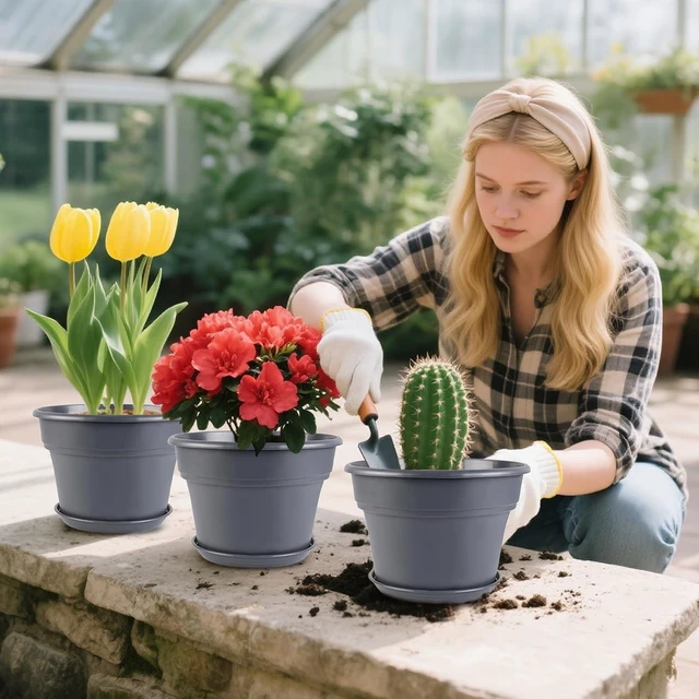 Alt view image 4 of 7 - 8-inch-Plant-Pots-Indoor-Outdoor, 4 Pack Plastic Planters with Drainage Holes & Saucers, Resin Flower Pots with Trays, Classic Garden Pot Container for House