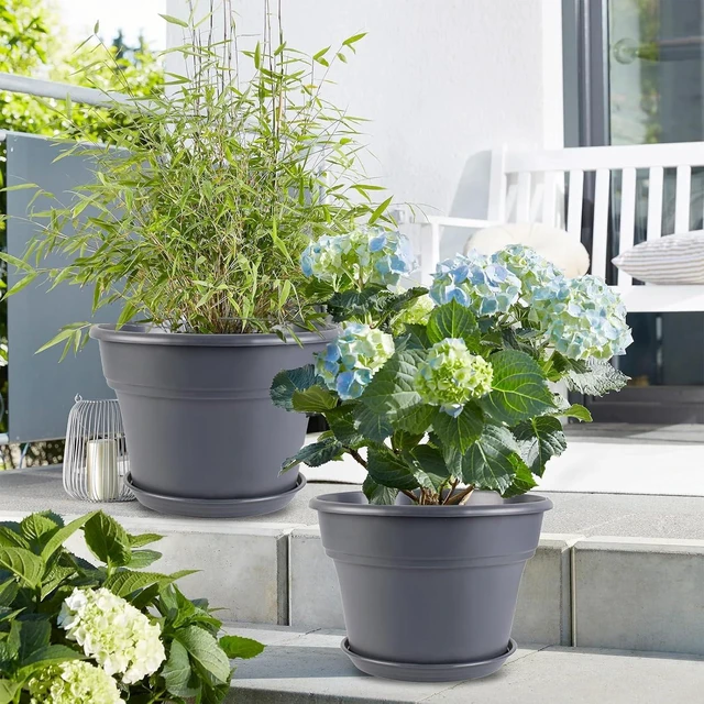 Alt view image 7 of 7 - 8-inch-Plant-Pots-Indoor-Outdoor, 4 Pack Plastic Planters with Drainage Holes & Saucers, Resin Flower Pots with Trays, Classic Garden Pot Container for House