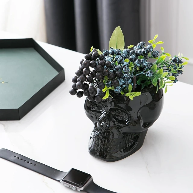 Alt view image 2 of 7 - Tanvecle Black Skull Planter Pots, Gothic Skeleton Vase for Halloween