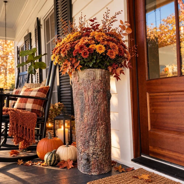 Main image of Farmhouse Porch and Patio Planter. Tall Country Vintage Plant and Flower Stand. Large Outdoor Deck and Garden Unique Rustic Log Pot Decor.