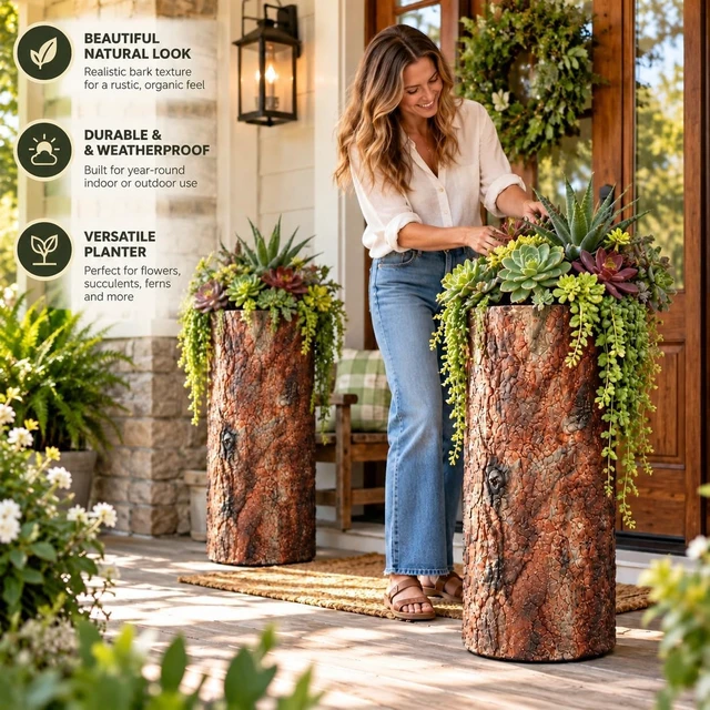 Alt view image 3 of 7 - Farmhouse Porch and Patio Planter. Tall Country Vintage Plant and Flower Stand. Large Outdoor Deck and Garden Unique Rustic Log Pot Decor.