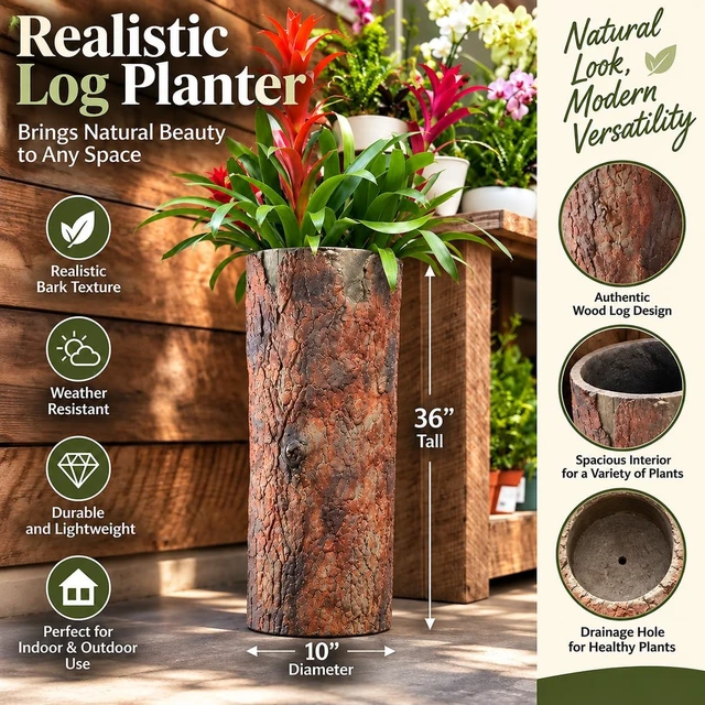 Alt view image 2 of 7 - Farmhouse Porch and Patio Planter. Tall Country Vintage Plant and Flower Stand. Large Outdoor Deck and Garden Unique Rustic Log Pot Decor.