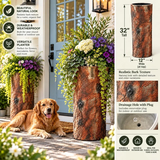 Alt view image 5 of 7 - Farmhouse Porch and Patio Planter. Tall Country Vintage Plant and Flower Stand. Large Outdoor Deck and Garden Unique Rustic Log Pot Decor.