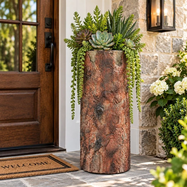 Alt view image 7 of 7 - Farmhouse Porch and Patio Planter. Tall Country Vintage Plant and Flower Stand. Large Outdoor Deck and Garden Unique Rustic Log Pot Decor.