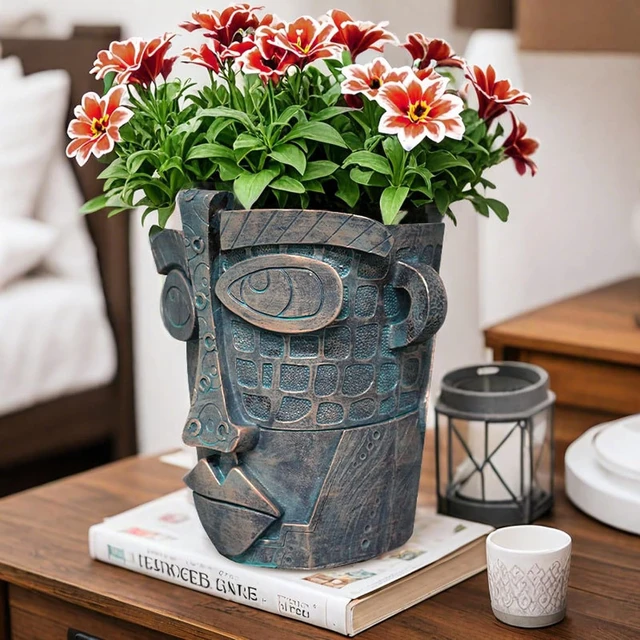 Alt view image 7 of 7 - Bronze Abstract Face Planter Pots Unique Head Plant Pots Funny Face Flower Pot for Indoor Plants Home Art Table Decoration