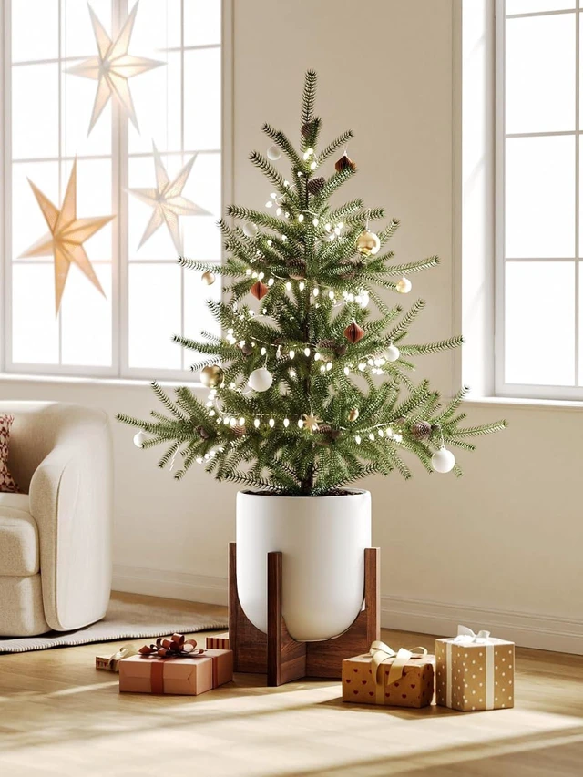 Alt view image 7 of 7 - LE TAUCI 12 Inch Ceramic Planter with Acacia Wood Stand, White