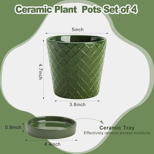 Alt view image 2 of 7 - Ceramic Plant Pots, 5 Inch Planters with Drainage Holes and Ceramic Tray, Relief Design Flower Planter, Desktop Office Windowsill Decoration Gift Set of 4 - Blackish Green