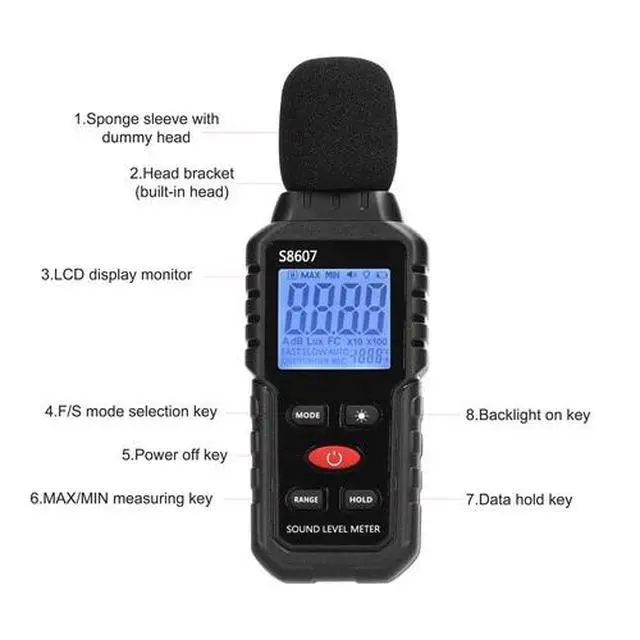 Alt view image 3 of 6 - Decibel Meter S9607 Sound Level Meter with 2.25 Backlit LCD Screen