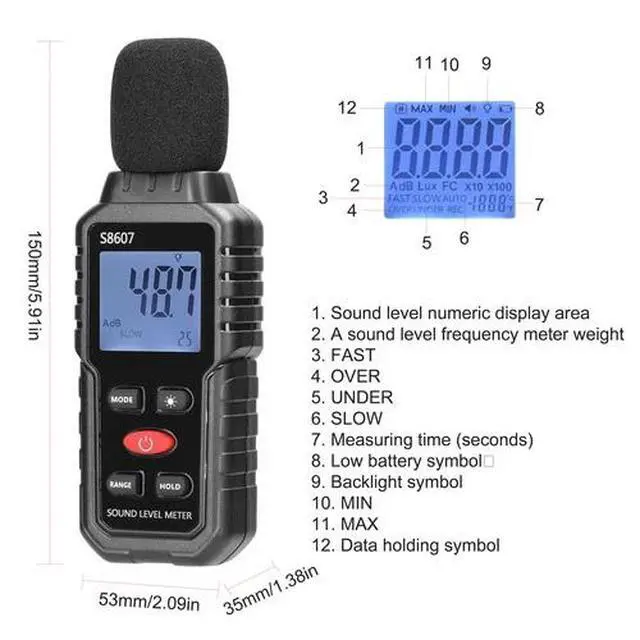 Alt view image 4 of 6 - Decibel Meter S9607 Sound Level Meter with 2.25 Backlit LCD Screen