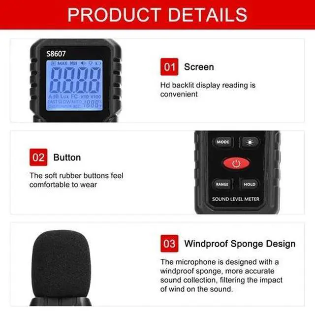 Alt view image 5 of 6 - Decibel Meter S9607 Sound Level Meter with 2.25 Backlit LCD Screen
