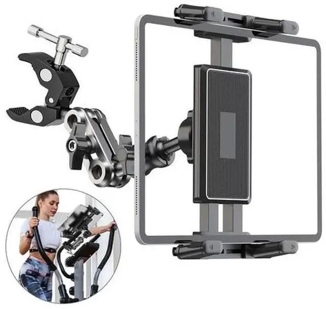 Main image of Heavy Duty iPad Tablet Phone Holder Clamp for Mic Stand Bike Treadmill Peloton