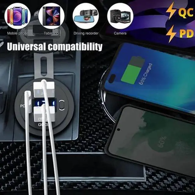 Alt view image 2 of 3 - Dual USB Car Charger PD QC3.0 Fast Charging with LED Voltmeter 12V-40V