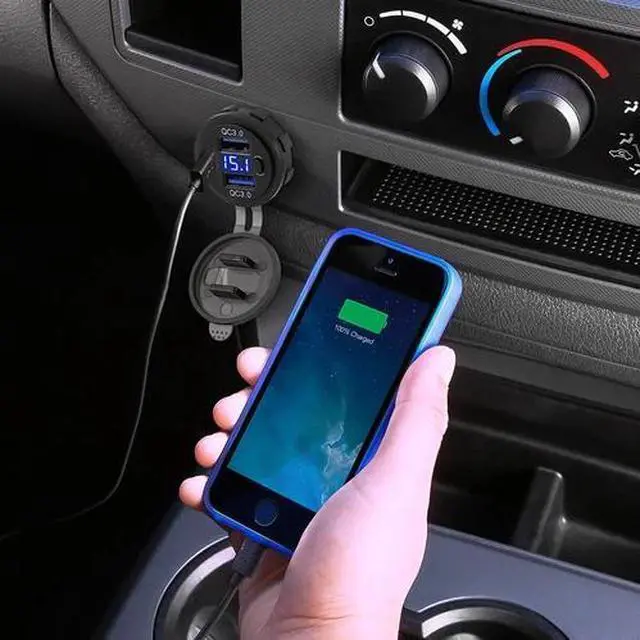 Alt view image 3 of 3 - Dual USB Car Charger PD QC3.0 Fast Charging with LED Voltmeter 12V-40V