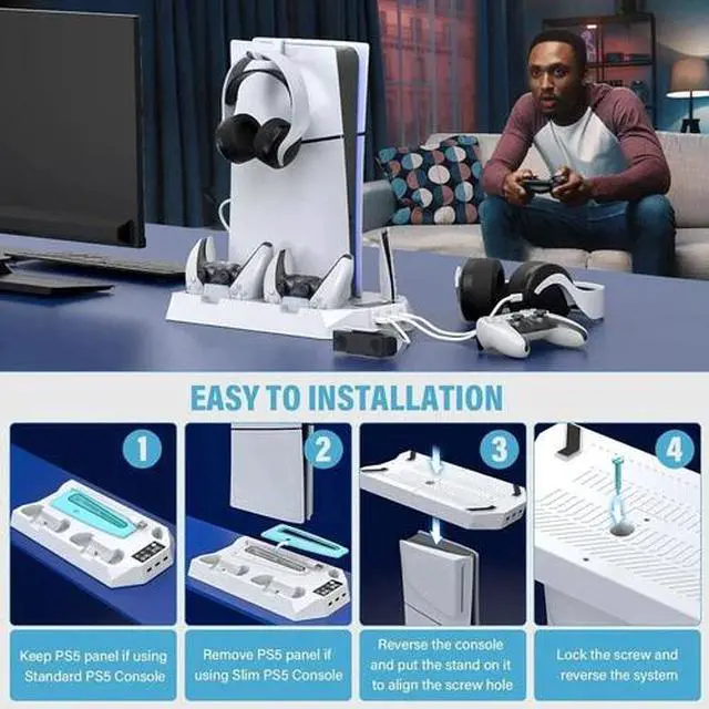 Alt view image 7 of 7 - PS5 Slim Stand Cooling Fan,PS5 Controller Charging Station for Sony Playstation5