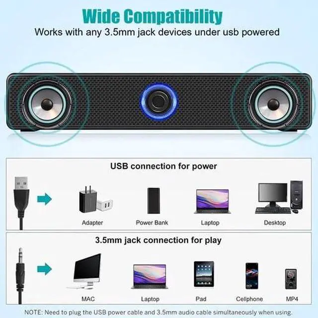 Alt view image 4 of 7 - Stereo Bass Sound Computer Speakers 3.5mm USB Wired Soundbar for Desktop Laptop