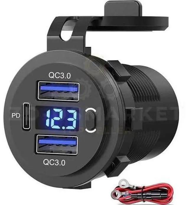 Main image of Dual USB Quick Charge 3.0 Port & PD USB C Car Charger Socket, 12V with Voltmeter