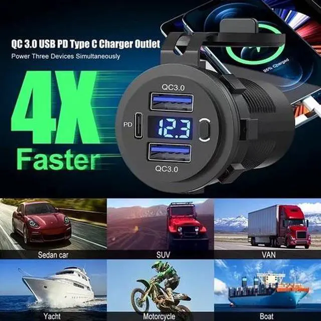 Alt view image 2 of 7 - Dual USB Quick Charge 3.0 Port & PD USB C Car Charger Socket, 12V with Voltmeter