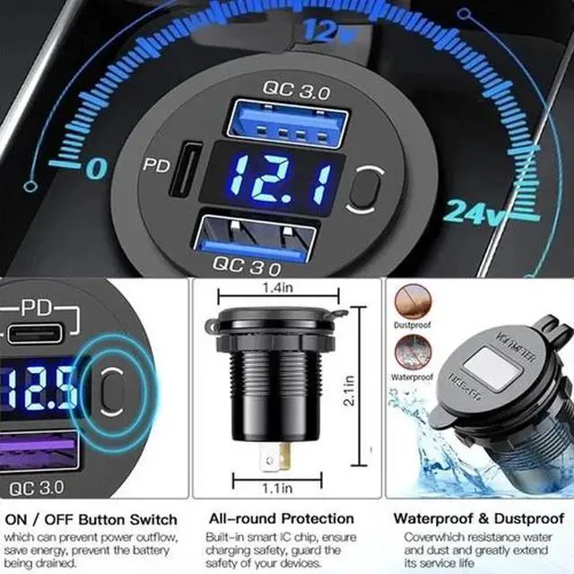 Alt view image 4 of 7 - Dual USB Quick Charge 3.0 Port & PD USB C Car Charger Socket, 12V with Voltmeter