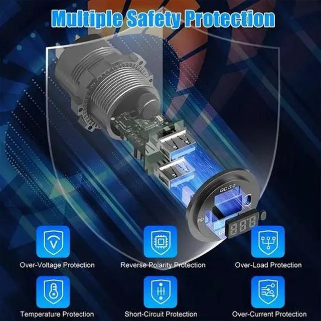 Alt view image 7 of 7 - Dual USB Quick Charge 3.0 Port & PD USB C Car Charger Socket, 12V with Voltmeter