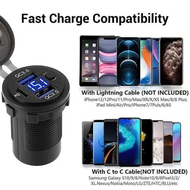 Alt view image 6 of 7 - Dual USB Quick Charge 3.0 Port & PD USB C Car Charger Socket, 12V with Voltmeter