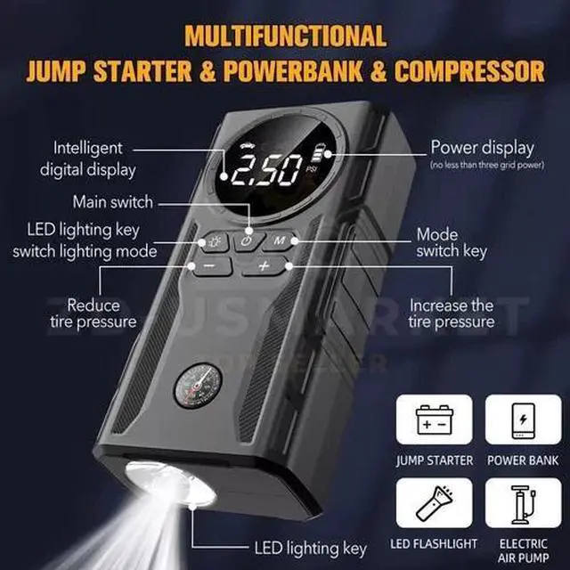 Alt view image 5 of 7 - 99800mAh Car Jump Starter Booster Jumper Box Tire Inflator Compressor Air Pump