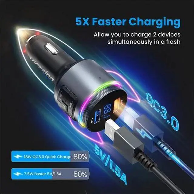 Alt view image 2 of 7 - Bluetooth 5.0 Car Wireless FM Transmitter Adapter 2 USB Fast Charger Hands-Free