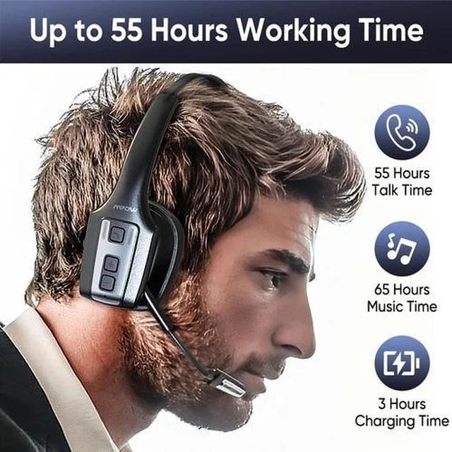 Alt view image 4 of 6 - Mpow Trucker Bluetooth Headset V5.3 Wireless Over Ear Headphone Noise Canceling