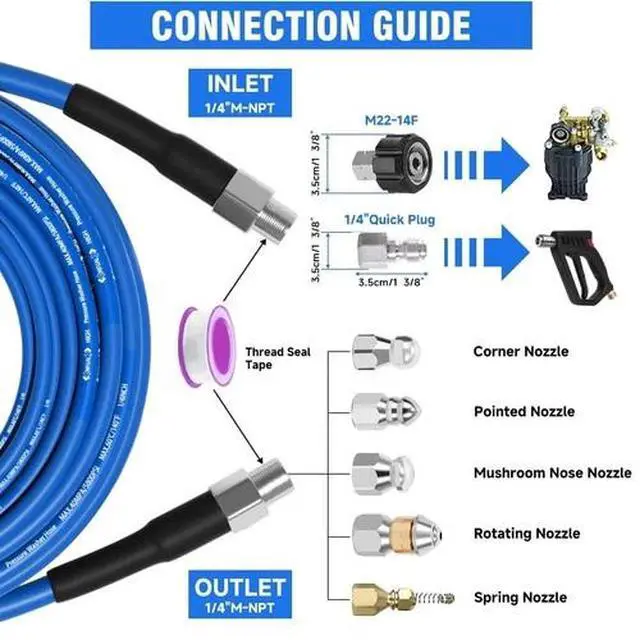 Alt view image 3 of 7 - 50FT 1/4" M-NPT 5800PSI Drain Cleaner Hose Sewer Jetter Kit for Pressure Washer