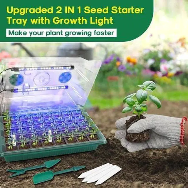 Alt view image 7 of 7 - Seed Starter Tray with Grow Light, 2 Packs 80 Cells Seed Starting Kit, Reusable