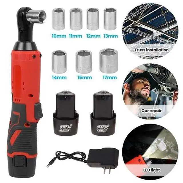 Alt view image 3 of 6 - 3/8'' Electric Cordless Ratchet Right Angle Wrench Impact Power Tool 2 Battery